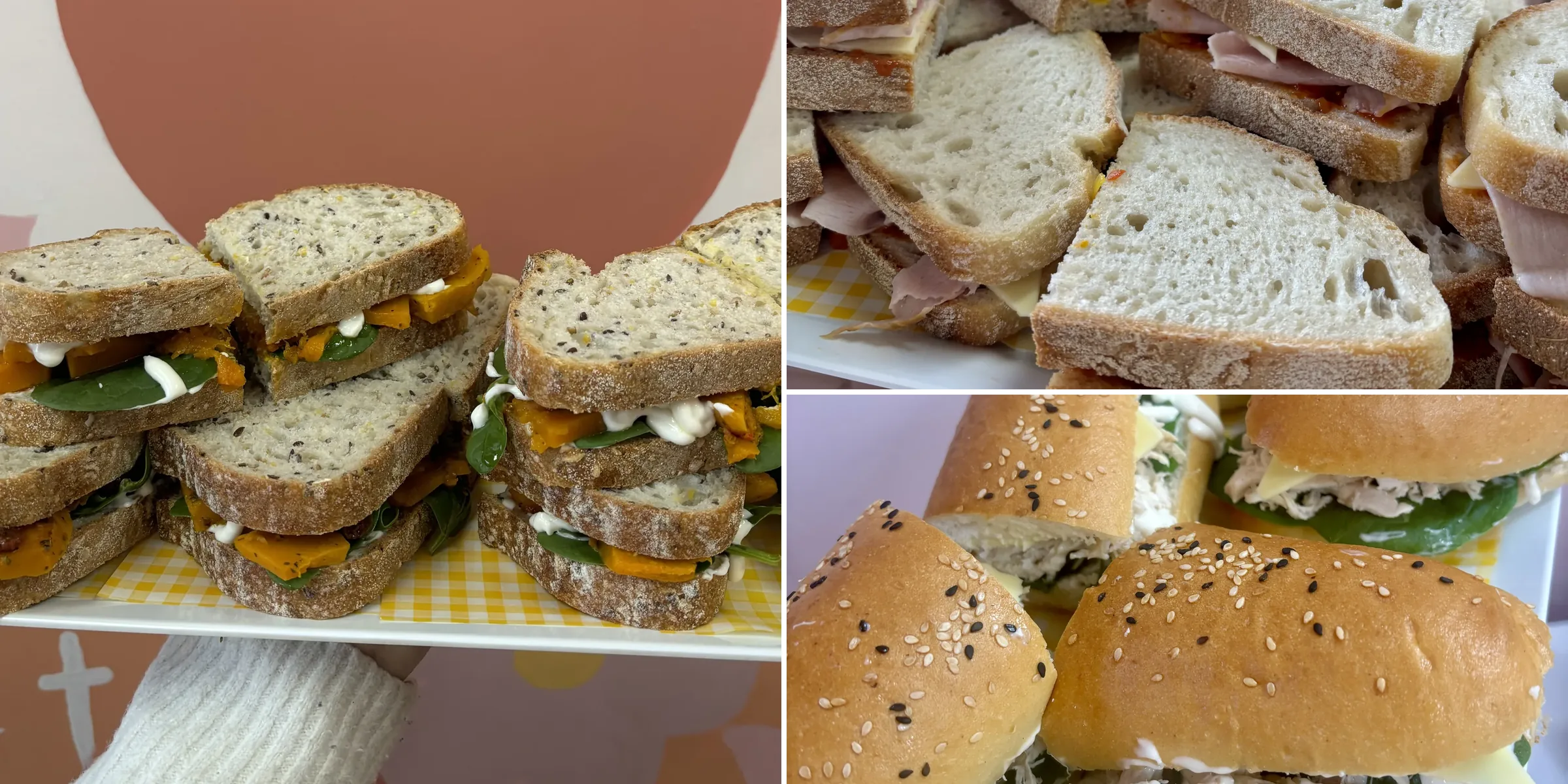 A spread of Posie Project food — pumpkin and feta sandwiches, ham and cheese sandwiches, and chicken sesame rolls